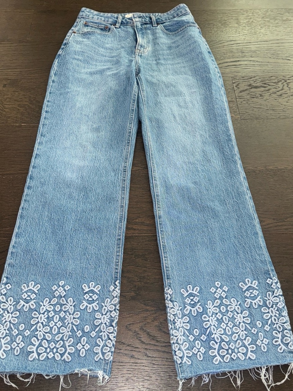 Abercrombie & Fitch Light Blue Straight-Leg Jeans with White Embroidered Hem